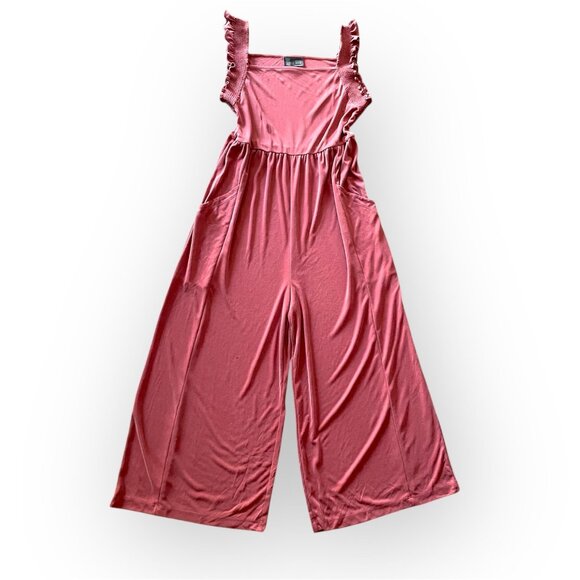 Saturday Sunday Anthropologie Mauve Jumpsuit W/ Smocked Ruffle Straps & Pockets - Picture 2 of 12